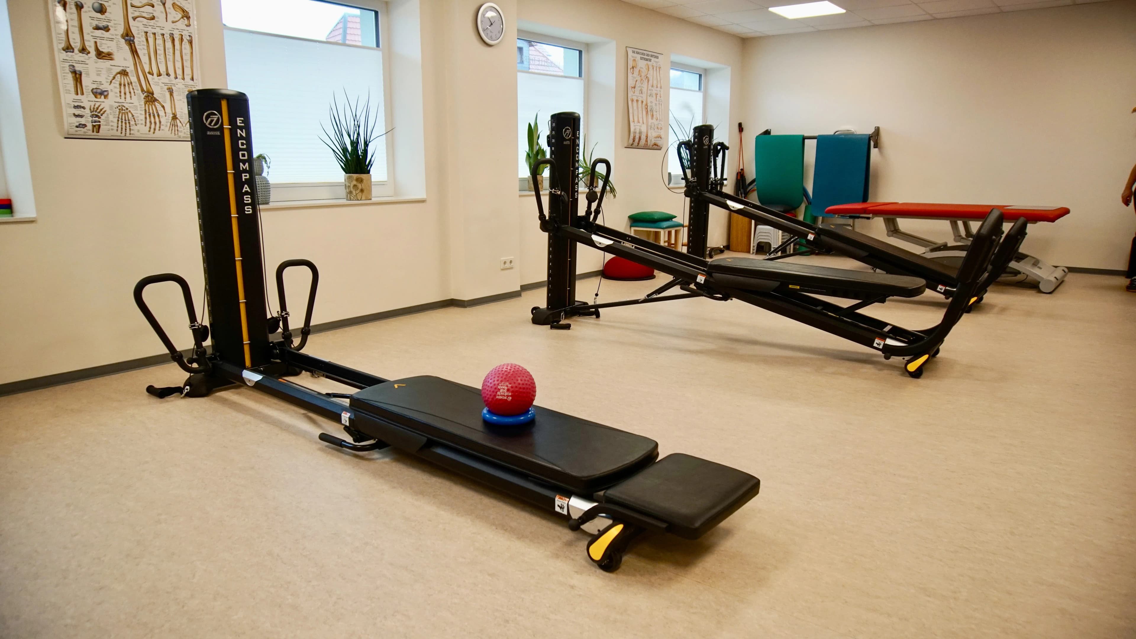 Trainingsraum mit mehreren Seilzuggeräten, Gymnastikball und anatomischen Schautafeln an den Wänden